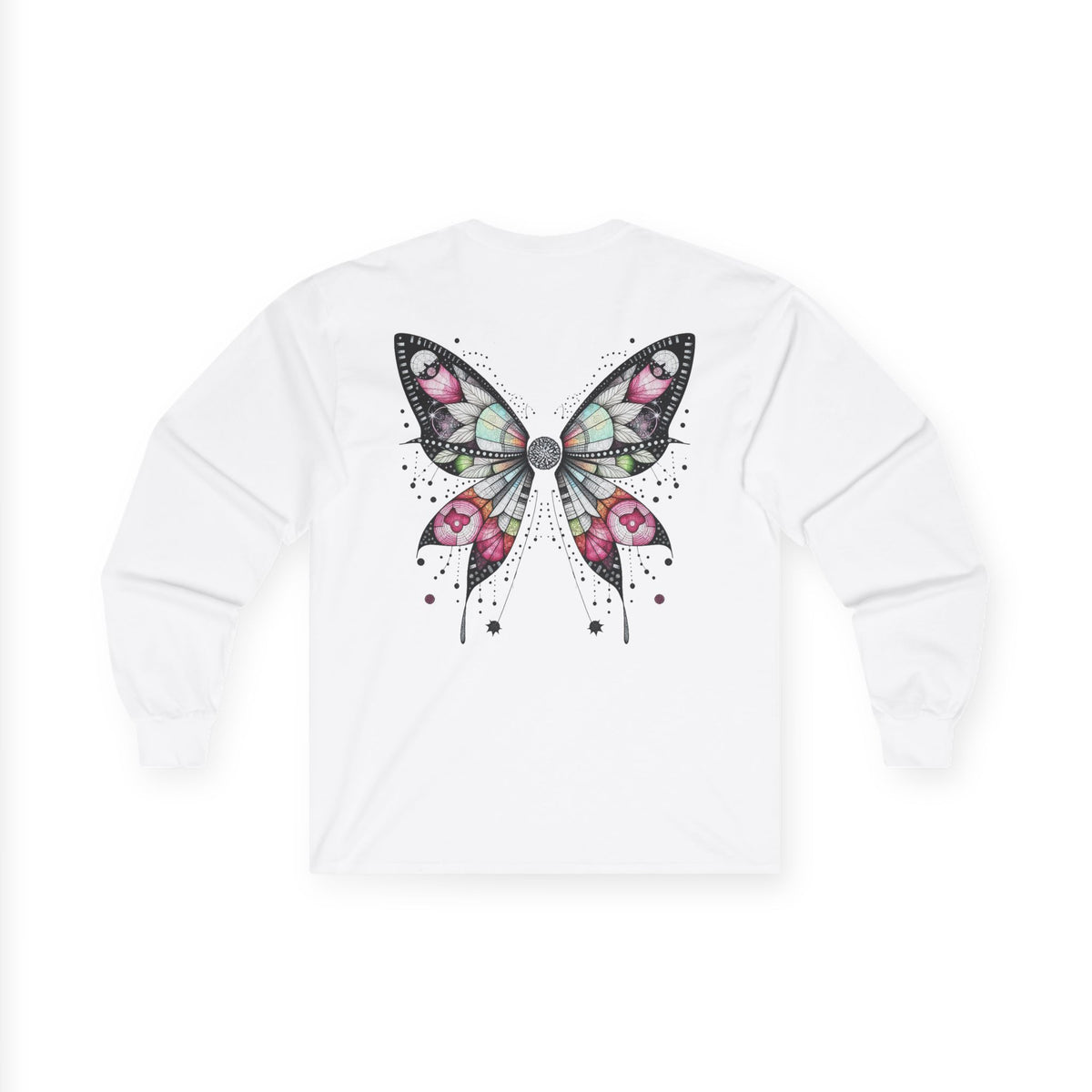 Dripping Ink - Fairy Butterfly Floral Long Sleeve Tee — Watercolor Wings - Front & Back Print Unisex Tee - Marijuana Widow