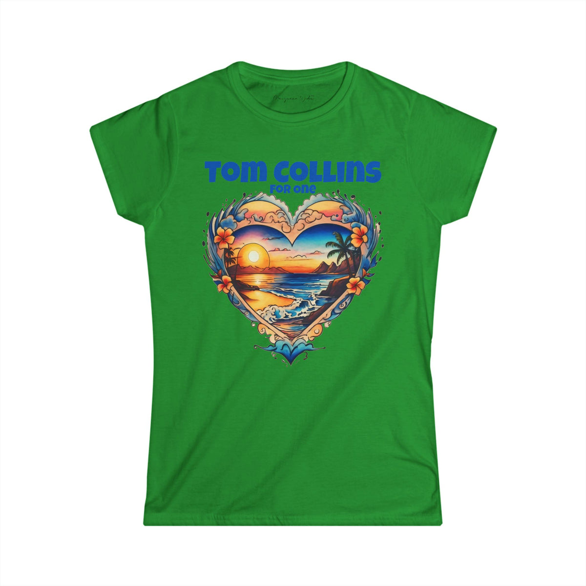 Tom Collins For One - Sunset Heart Women's T‑Shirt — Tropical Beach Graphic Tee - Marijuana Widow