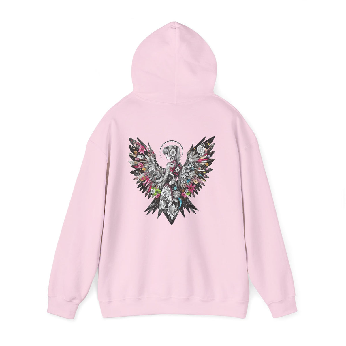 Angel Wings - Floral Skull Raven Hoodie — Gothic Boho Wings Pullover Front and Back Graphic - Marijuana Widow