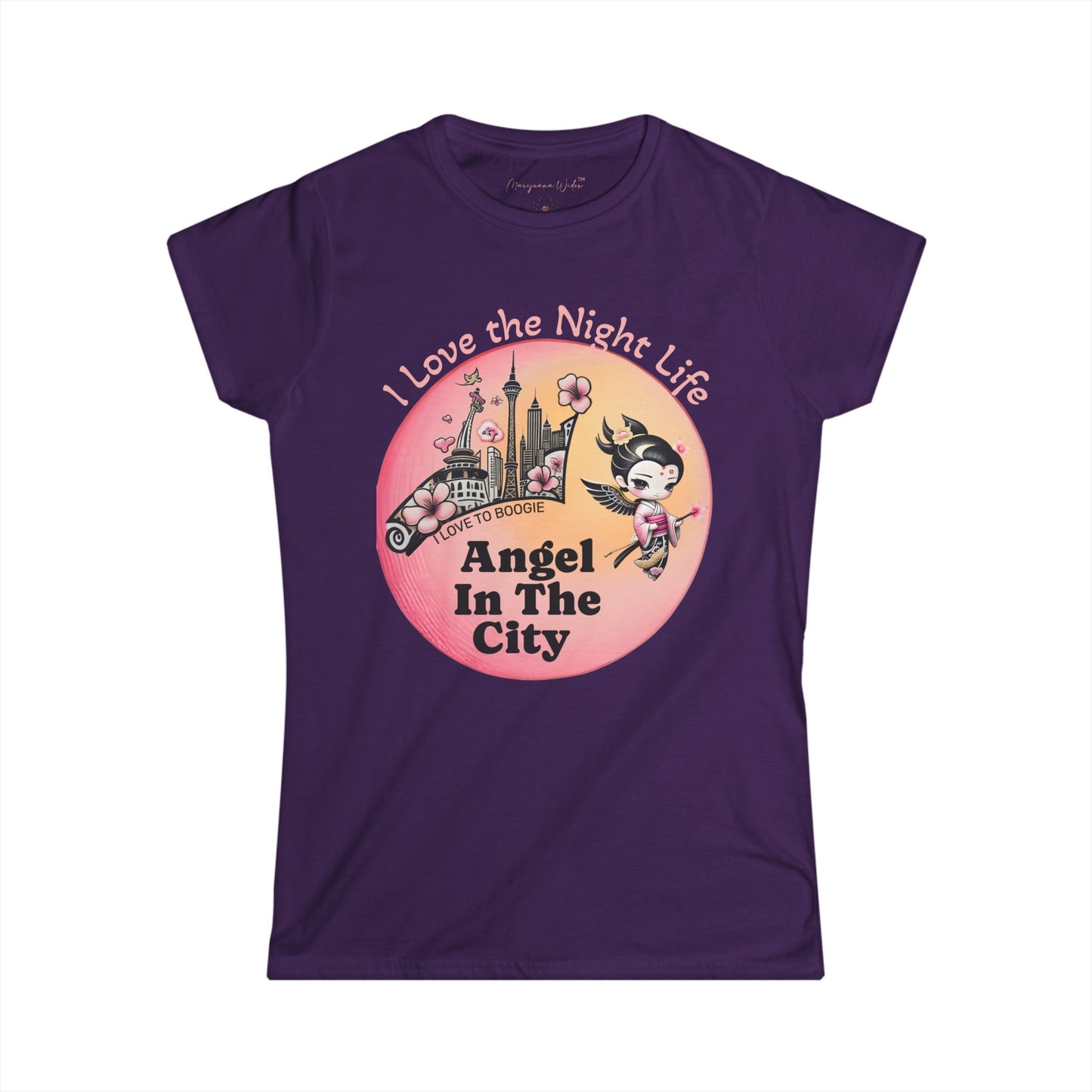 Geisha Angel in the City Women's Tee — I Love the Night Life — Cherry Blossom Pink Moon