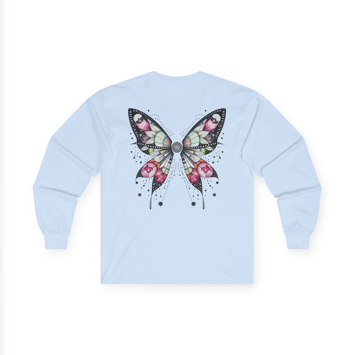 Dripping Ink - Fairy Butterfly Floral Long Sleeve Tee — Watercolor Wings - Front & Back Print Unisex Tee - Marijuana Widow