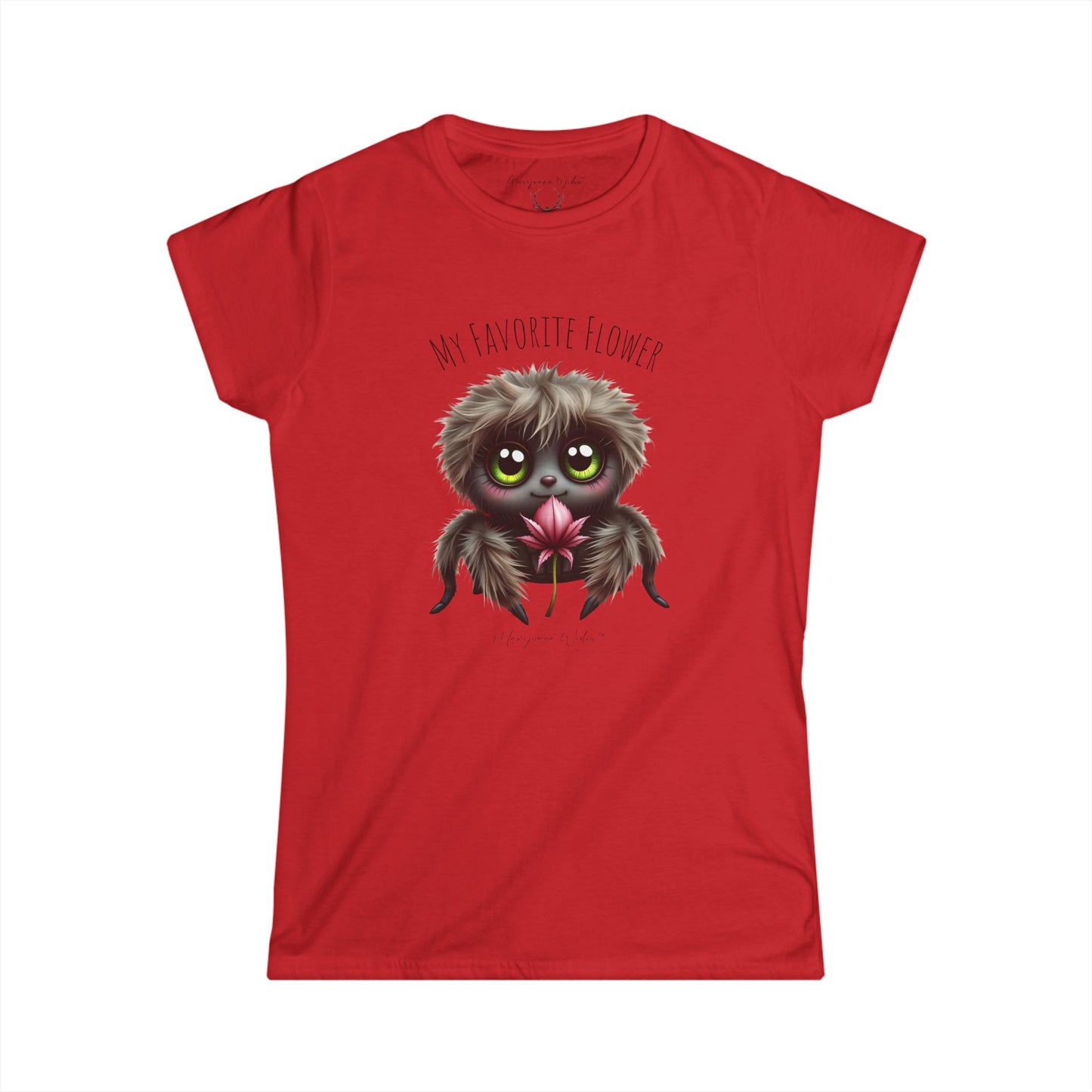 Cute Fluffy Spider Tee — Big-Eyed Spider Holding Pink Marijuana Leaf - Women's Tee