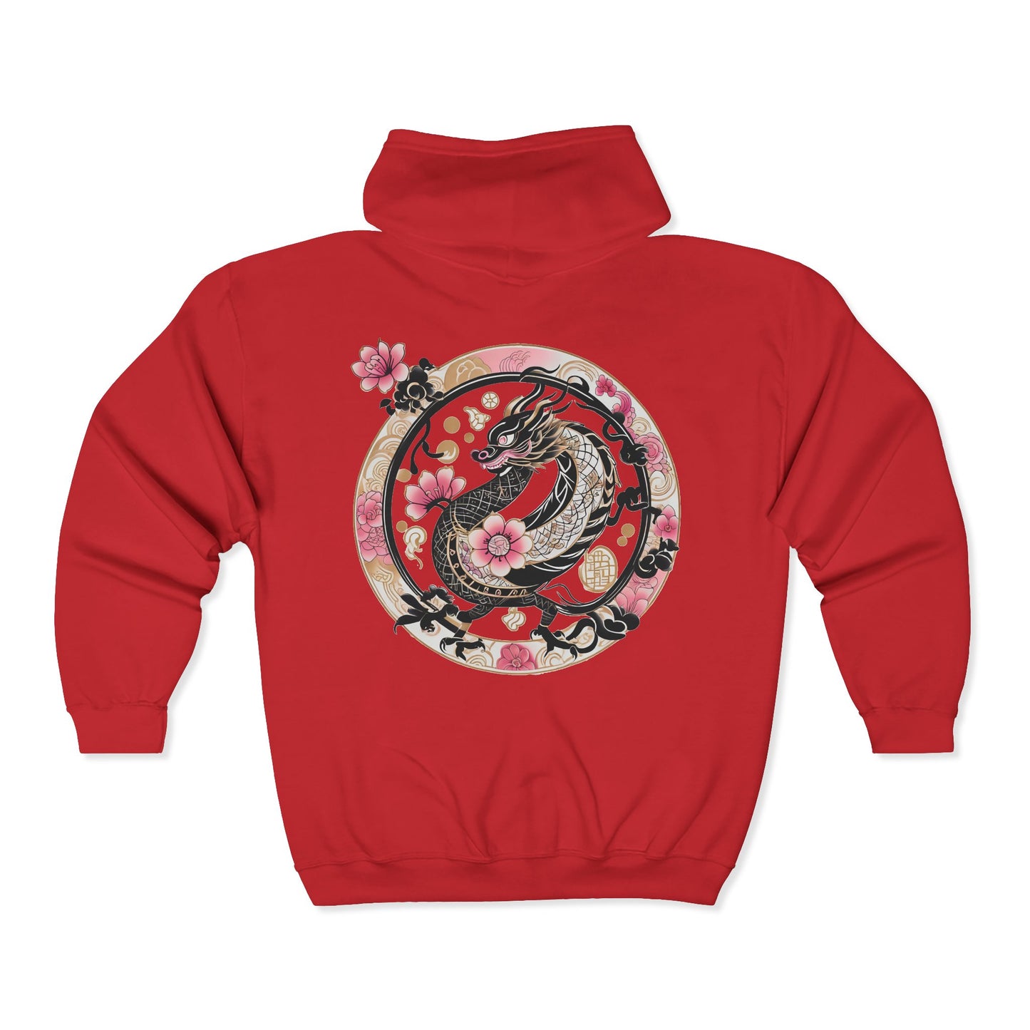 Dragon Sakura Zip Hoodie — Japanese Floral Dragon Full-Zip Unisex Sweatshirt