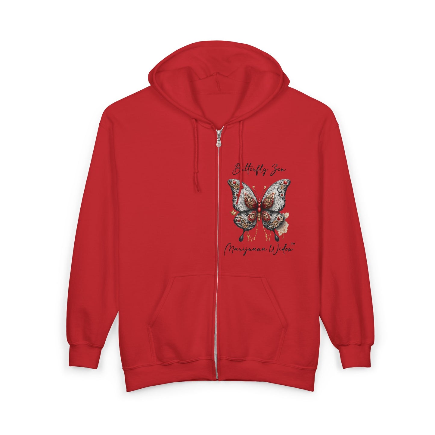 Zen Destiny - Moon & Butterfly Zip Hoodie — Japanese-Inspired Crescent Moon Graphic Zip-Up Unisex Sweatshirt