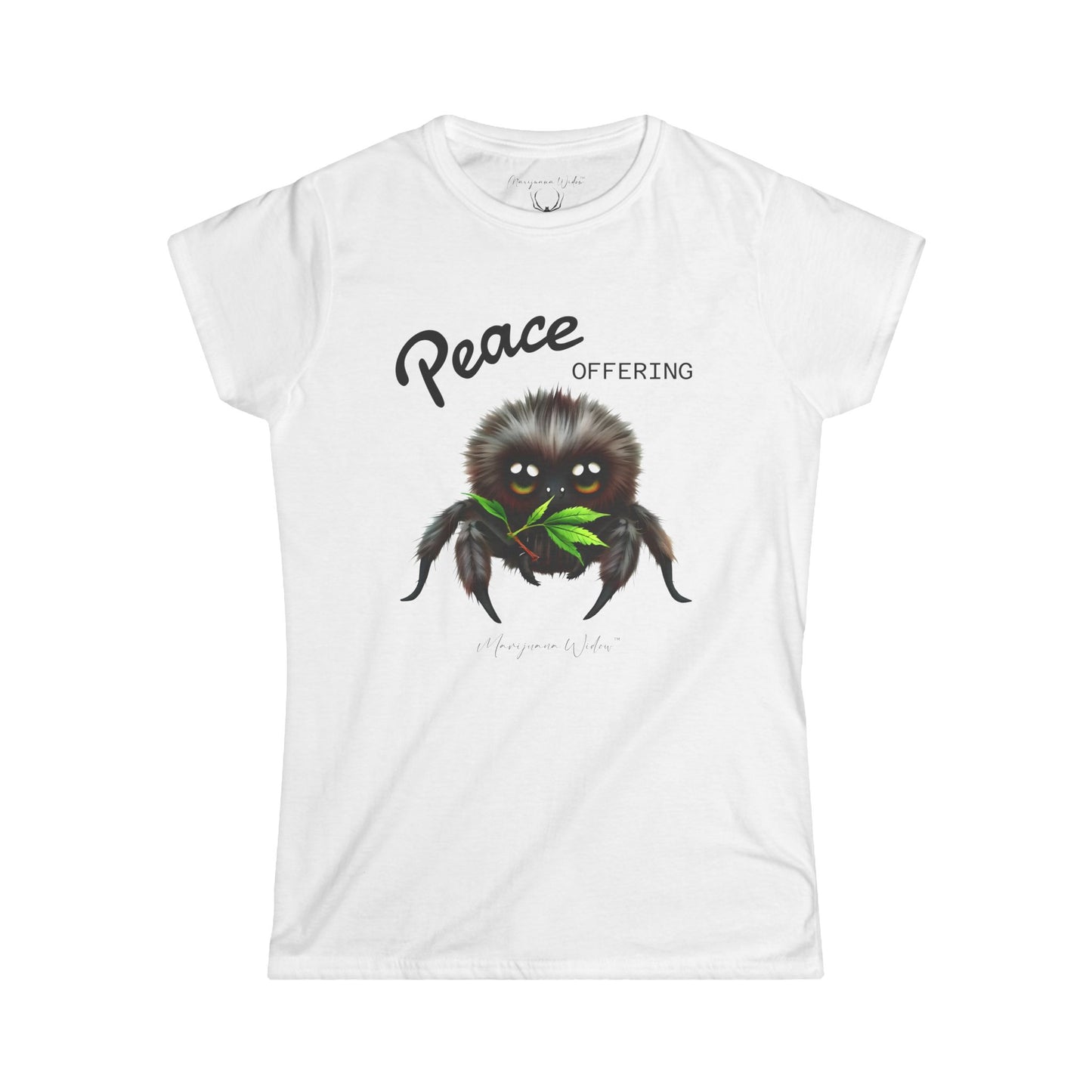 Cute Fluffy Spider Tee — Big‑Eyed Spider Holding Green Marijuana Leaves - Women's Tee