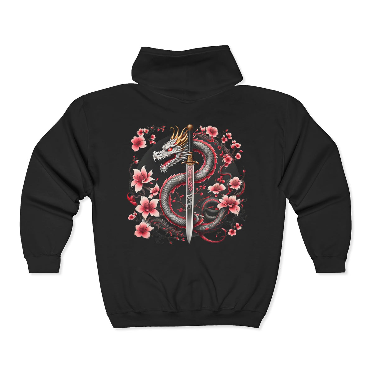 Black Dragon, Black Moon - Dragon Dagger Zip Hoodie – Sakura Sword Back Graphic - Marijuana Widow