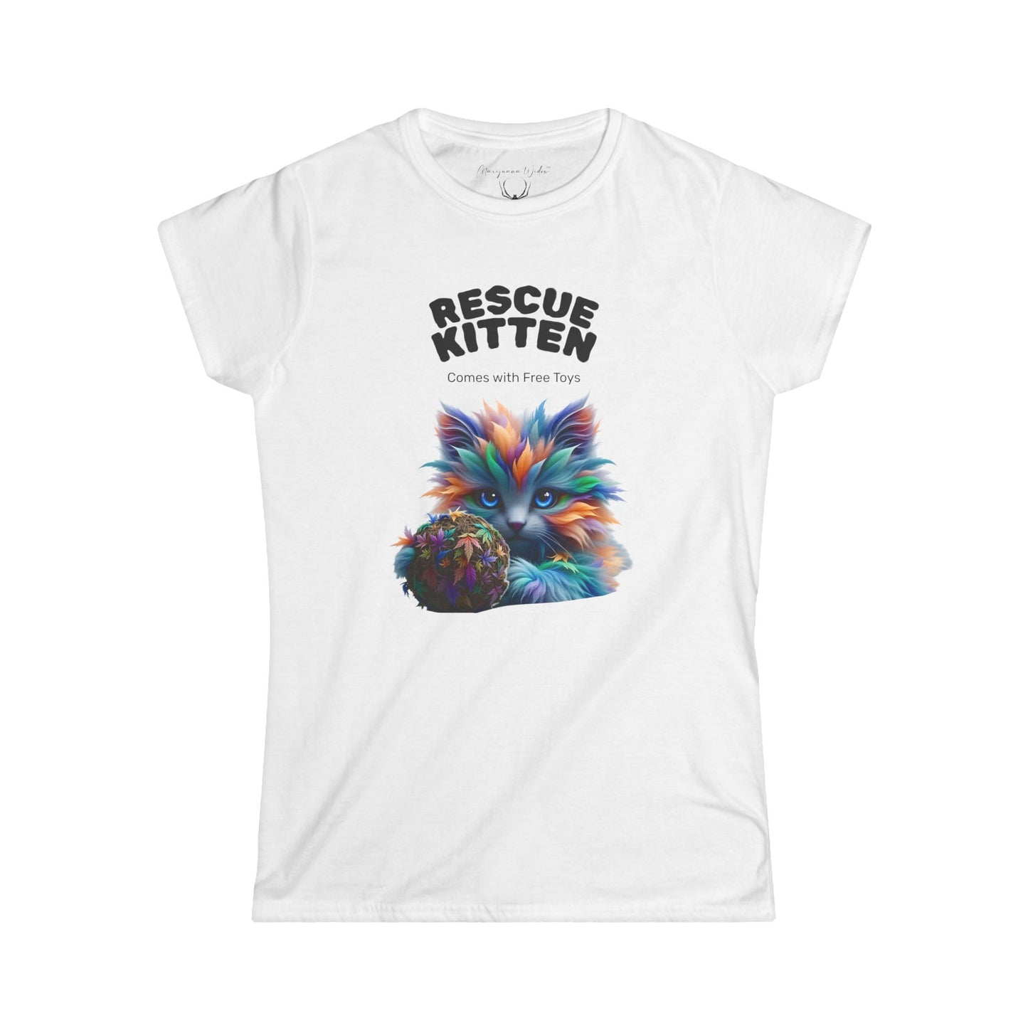 Rescue Kitten Cannabis Tee — Cute Multicolored Fluffy Kitten Holding Toy Ball - Women's Tee