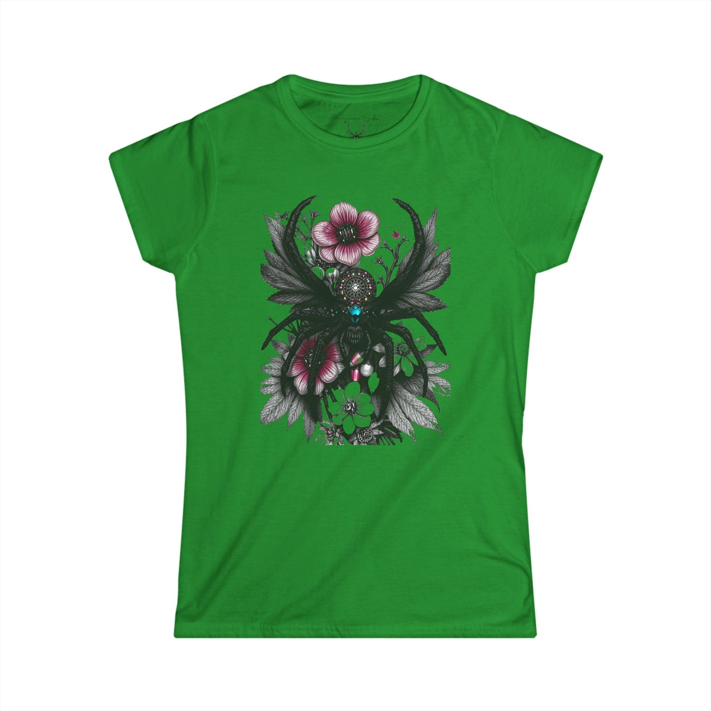 Bejeweled Black Widow Spider - Floral Leaves - Women's Tee